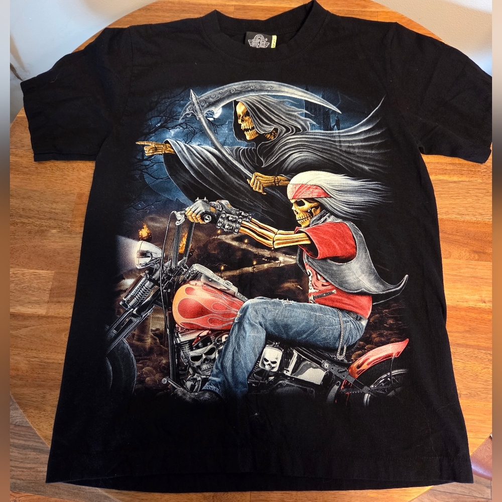Glow In The Dark Rock Eagle Graphic T-Shirt with Motorcycle Skeleton Design